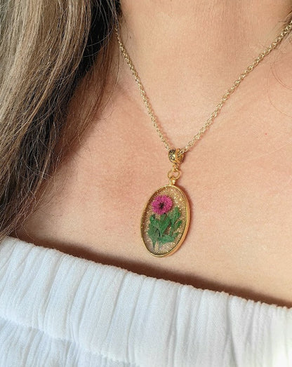 Bight Pink and Green Real Flower Necklace,  Naturally Preserved Carnation Pendants, Handcrafted Resin Art Jewelry