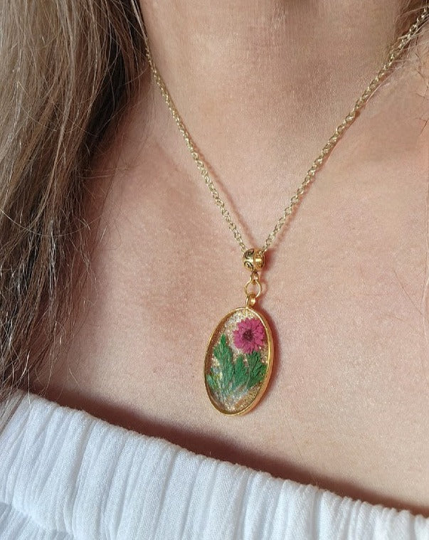 Bight Pink and Green Real Flower Necklace,  Naturally Preserved Carnation Pendants, Handcrafted Resin Art Jewelry