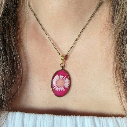 Timeless Elegant Pink Flower Necklace, Nature-Inspired Artisan Jewelry, Handmade Resin Floral Pendant, Vintage-Inspired Botanical Necklace