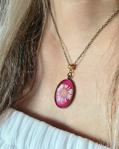 Timeless Elegant Pink Flower Necklace, Nature-Inspired Artisan Jewelry, Handmade Resin Floral Pendant, Vintage-Inspired Botanical Necklace