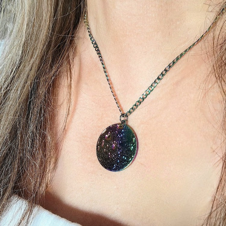 Vibrant Rainbow Moon Necklace, Cratered Surface Lunar Pendant, Colorful Celestial Jewelry, Enchanting Moon Surface Jewelry, Durable Design