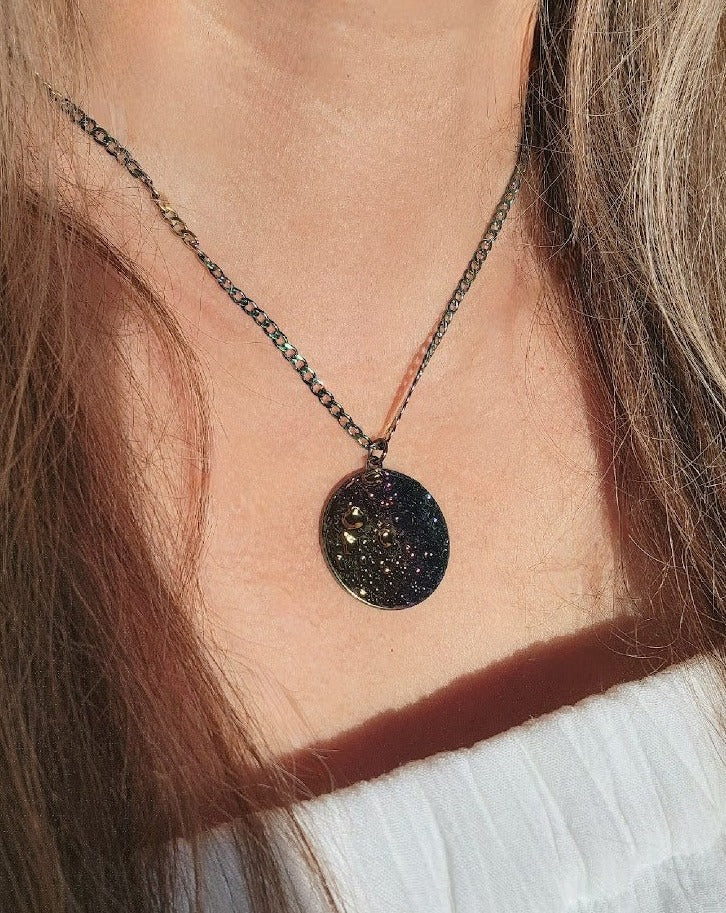 Vibrant Rainbow Moon Necklace, Cratered Surface Lunar Pendant, Colorful Celestial Jewelry, Enchanting Moon Surface Jewelry, Durable Design