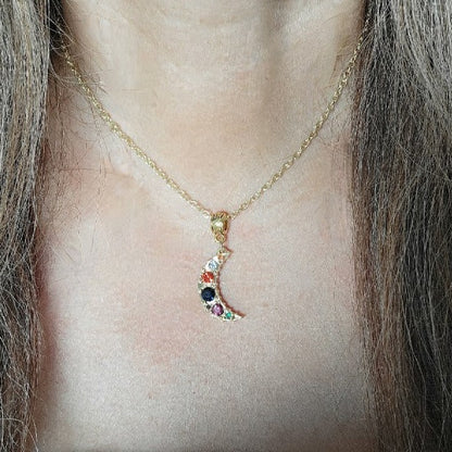 Gold Half Phase Moon w/ Vibrant Rhinestones Necklace, Radiant Galactic-Inspired Pendant, Celestial Theme