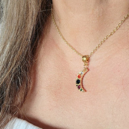 Gold Half Phase Moon w/ Vibrant Rhinestones Necklace, Radiant Galactic-Inspired Pendant, Celestial Theme