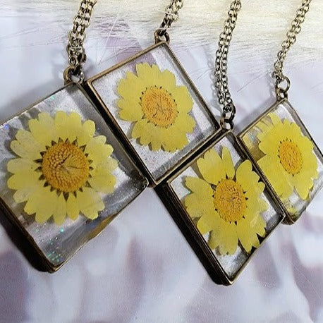 Naturally Preserved Yellow Daisy Blossom Necklace, Handmade Sunflower Pendants, Timeless Foliage Jewelry