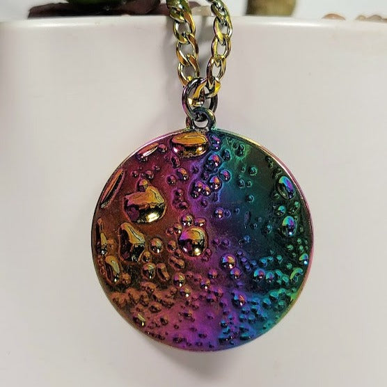 Vibrant Rainbow Moon Necklace, Cratered Surface Lunar Pendant, Colorful Celestial Jewelry, Enchanting Moon Surface Jewelry, Durable Design