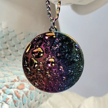 Vibrant Rainbow Moon Necklace, Cratered Surface Lunar Pendant, Colorful Celestial Jewelry, Enchanting Moon Surface Jewelry, Durable Design