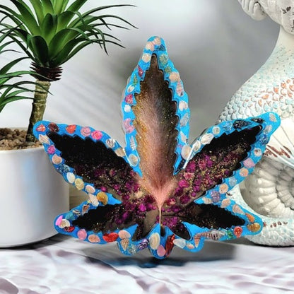 Vibrant Blue & Purple Maple Leaf Ashtray, Unique Artisanal Tobacco Holder w/ Oceanic Feel, Weed Doobie Hard Outdoor Plastic Receptacle