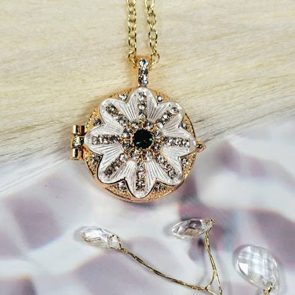 Golden Locket w/ Rhinestone Necklace, Floral Design Keepsake Holder, Special Memory Treasure Pendant