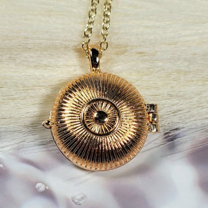 Golden Locket w/ Rhinestone Necklace, Floral Design Keepsake Holder, Special Memory Treasure Pendant