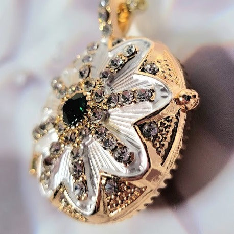 Golden Locket w/ Rhinestone Necklace, Floral Design Keepsake Holder, Special Memory Treasure Pendant