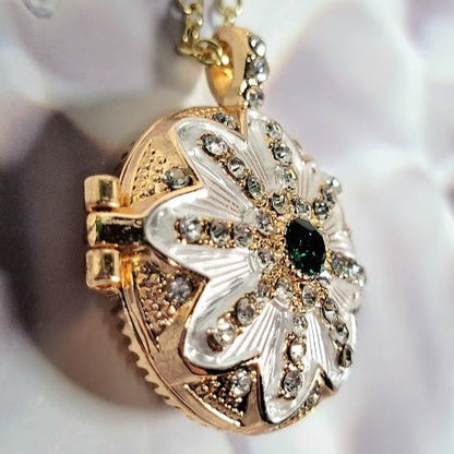 Golden Locket w/ Rhinestone Necklace, Floral Design Keepsake Holder, Special Memory Treasure Pendant