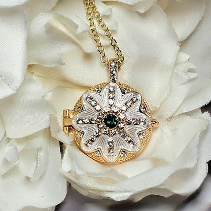 Golden Locket w/ Rhinestone Necklace, Floral Design Keepsake Holder, Special Memory Treasure Pendant