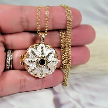 Golden Locket w/ Rhinestone Necklace, Floral Design Keepsake Holder, Special Memory Treasure Pendant