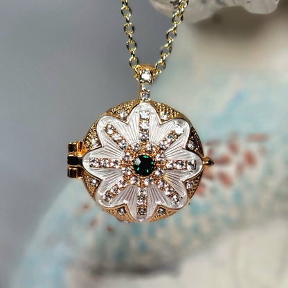 Golden Locket w/ Rhinestone Necklace, Floral Design Keepsake Holder, Special Memory Treasure Pendant