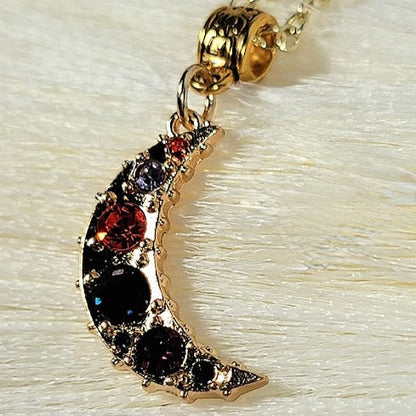 Gold Half Phase Moon w/ Vibrant Rhinestones Necklace, Radiant Galactic-Inspired Pendant, Celestial Theme