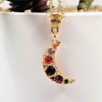 Gold Half Phase Moon w/ Vibrant Rhinestones Necklace, Radiant Galactic-Inspired Pendant, Celestial Theme