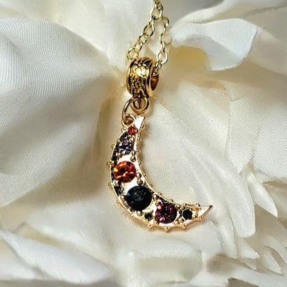 Gold Half Phase Moon w/ Vibrant Rhinestones Necklace, Radiant Galactic-Inspired Pendant, Celestial Theme