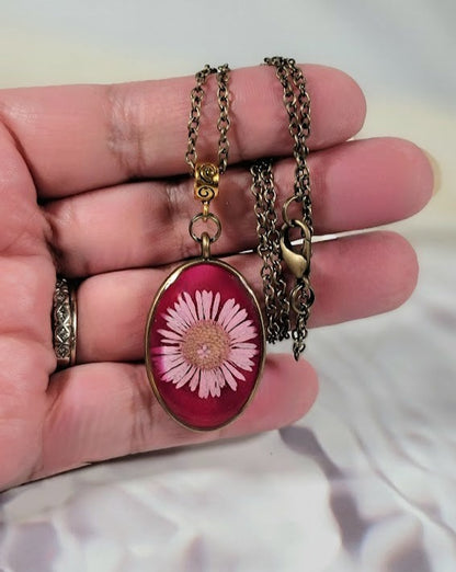 Timeless Elegant Pink Flower Necklace, Nature-Inspired Artisan Jewelry, Handmade Resin Floral Pendant, Vintage-Inspired Botanical Necklace