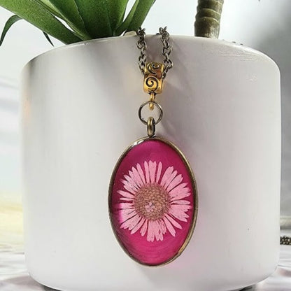 Timeless Elegant Pink Flower Necklace, Nature-Inspired Artisan Jewelry, Handmade Resin Floral Pendant, Vintage-Inspired Botanical Necklace