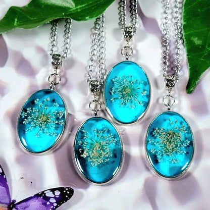 Preserved White Baby's Breath Necklace, Blue Hue Floral Pendant, Nature-Inspired Jewelry