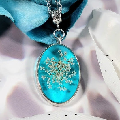 Preserved White Baby's Breath Necklace, Blue Hue Floral Pendant, Nature-Inspired Jewelry