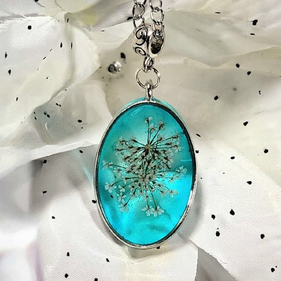 Preserved White Baby's Breath Necklace, Blue Hue Floral Pendant, Nature-Inspired Jewelry