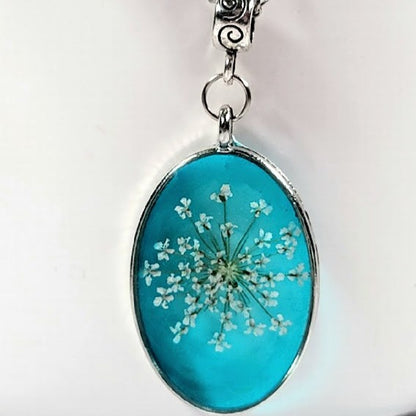 Preserved White Baby's Breath Necklace, Blue Hue Floral Pendant, Nature-Inspired Jewelry