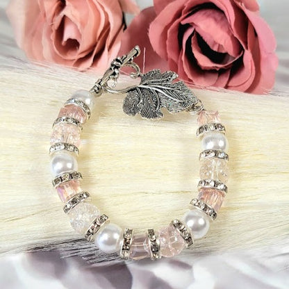 Lustrous Pearl & Crystal Combo Bracelet, Sophisticated Pearl Elegance, Pink Crystal Wristlet