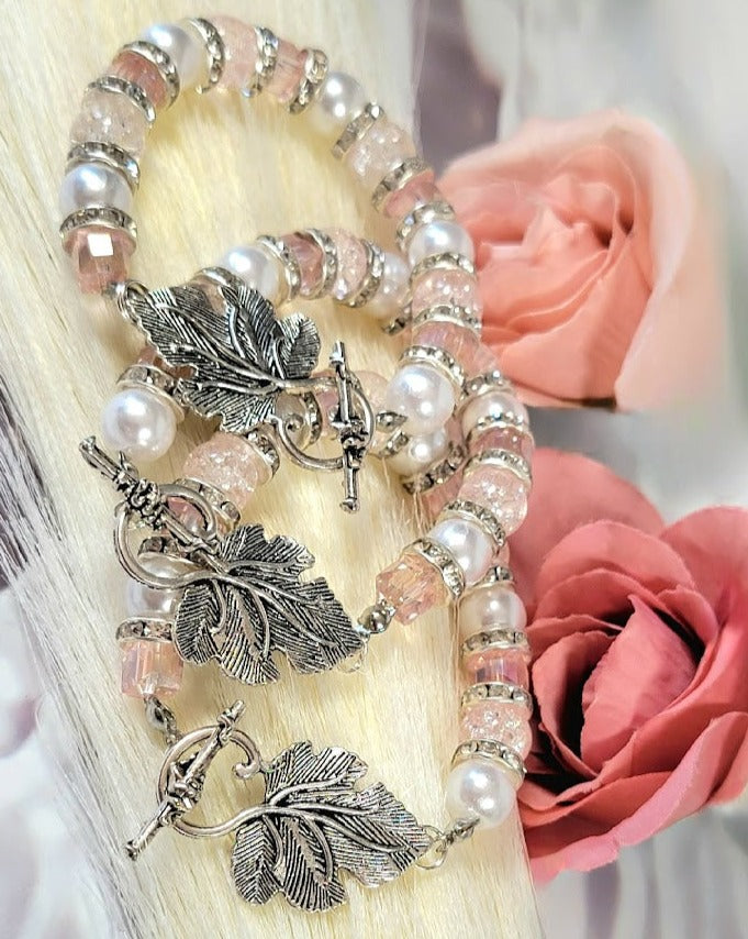 Lustrous Pearl & Crystal Combo Bracelet, Sophisticated Pearl Elegance, Pink Crystal Wristlet