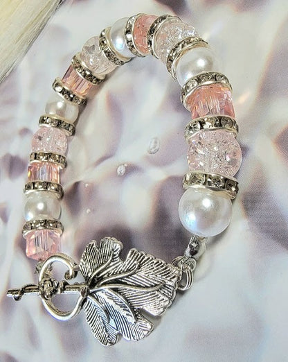 Lustrous Pearl & Crystal Combo Bracelet, Sophisticated Pearl Elegance, Pink Crystal Wristlet