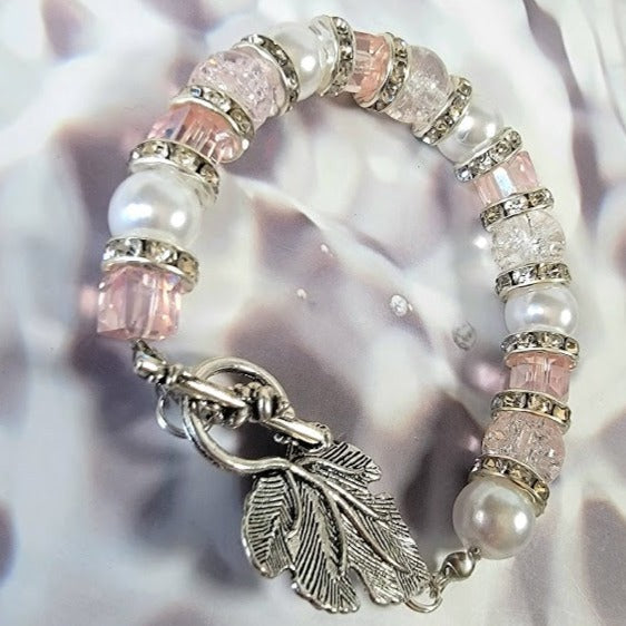 Lustrous Pearl & Crystal Combo Bracelet, Sophisticated Pearl Elegance, Pink Crystal Wristlet