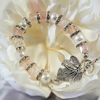 Lustrous Pearl & Crystal Combo Bracelet, Sophisticated Pearl Elegance, Pink Crystal Wristlet