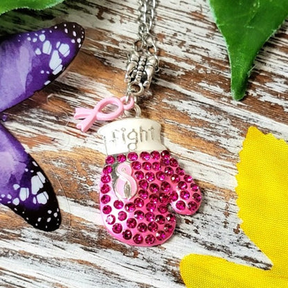 Breast Cancer Awareness Necklace, Strength & Beauty Combined Jewelry, Boxing Glove Pendant, Survivor's Piece, Symbol of Hope Strength