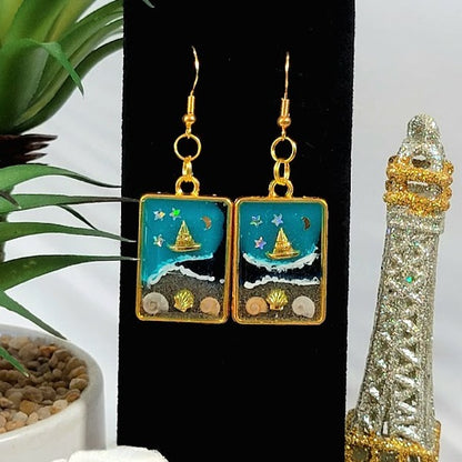 Beach Memories in Gold Frame Earrings, Starry Night Coastal Scene Pendants