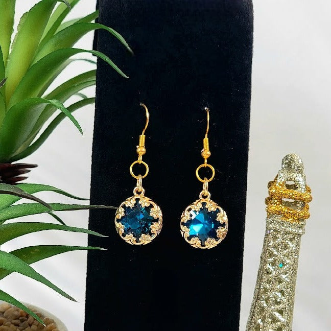 Dazzling Royal Blue Drop Earrings, Intricate Fleur Frame Pendant, Royalty Inspired, Blue Crystal Evening Jewelry