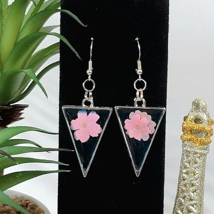 Blue & Pink Flower Earrings, Lightweight and Comfortable Real Pink Petal Dangle