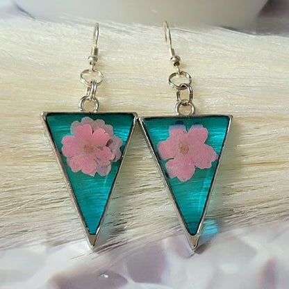 Blue & Pink Flower Earrings, Lightweight and Comfortable Real Pink Petal Dangle