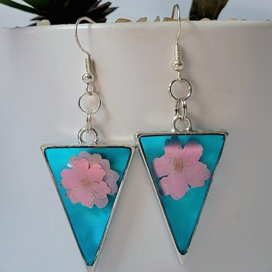 Blue & Pink Flower Earrings, Lightweight and Comfortable Real Pink Petal Dangle