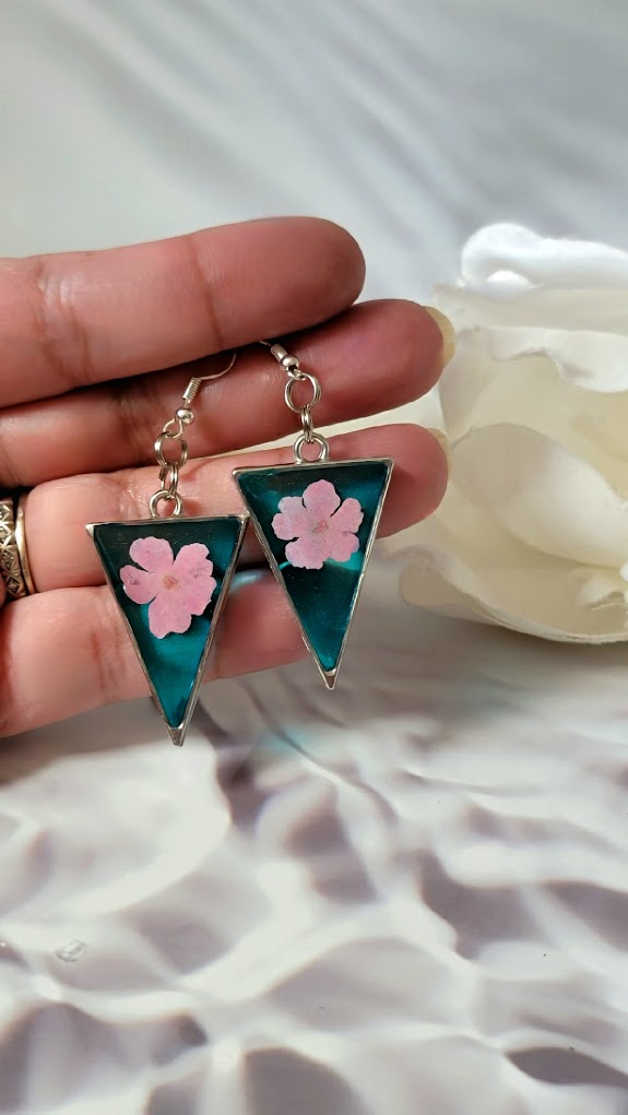 Blue & Pink Flower Earrings, Lightweight and Comfortable Real Pink Petal Dangle