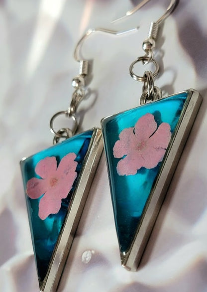 Blue & Pink Flower Earrings, Lightweight and Comfortable Real Pink Petal Dangle