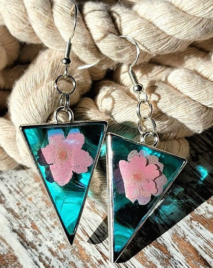 Blue & Pink Flower Earrings, Lightweight and Comfortable Real Pink Petal Dangle