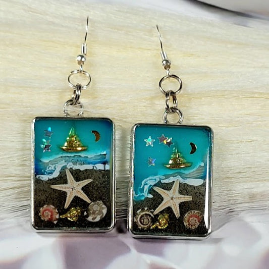 Gold Sailboat on Blue Backdrop Earrings, Nautical Night Sky Dangle, Beach Memory Keepsake