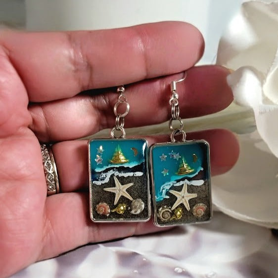 Gold Sailboat on Blue Backdrop Earrings, Nautical Night Sky Dangle, Beach Memory Keepsake