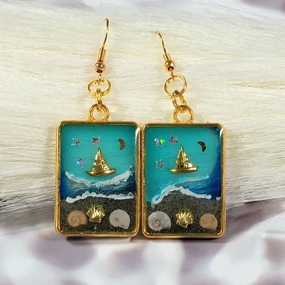 Beach Memories in Gold Frame Earrings, Starry Night Coastal Scene Pendants