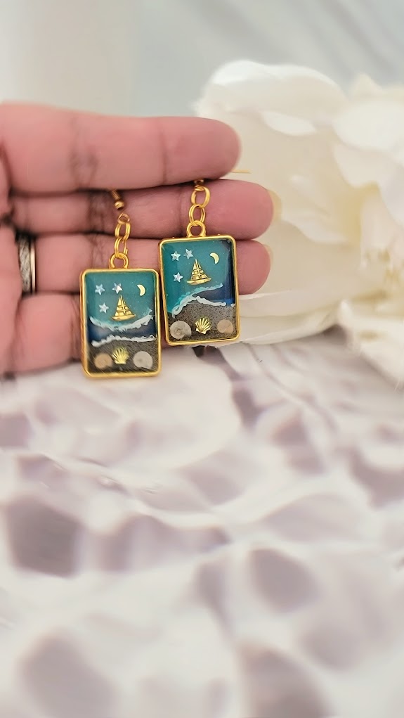 Beach Memories in Gold Frame Earrings, Starry Night Coastal Scene Pendants