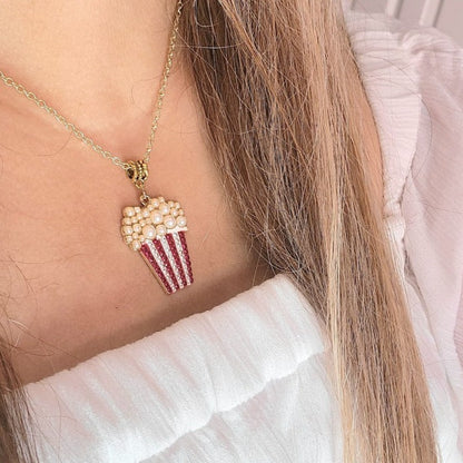 Délice de pop-corn scintillant, conception de bijoux fantaisistes, collier de soirée cinéma, pendentif clouté en strass fabriqué à la main, cadeau élégant pour les amateurs de cinéma