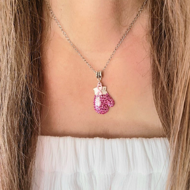 Breast Cancer Awareness Necklace, Strength & Beauty Combined Jewelry, Boxing Glove Pendant, Survivor's Piece, Symbol of Hope Strength