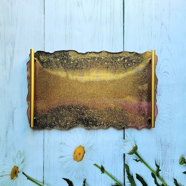 Handmade Gold Shimmer Tray, Versatile Resin Charcuterie Board, Vanity Dresser Perfume Display, Bathroom Organizer Plate