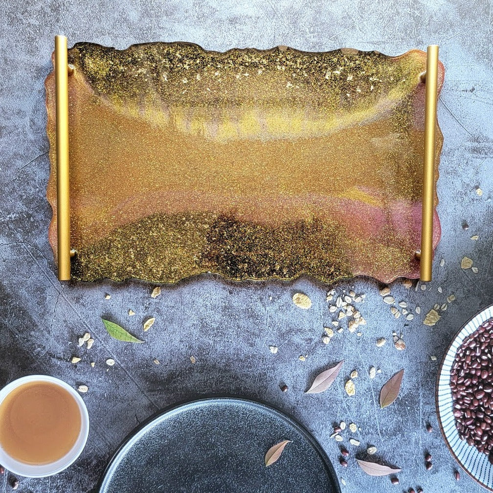 Handmade Gold Shimmer Tray, Versatile Resin Charcuterie Board, Vanity Dresser Perfume Display, Bathroom Organizer Plate